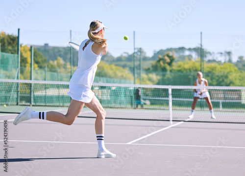 Fitness, balance and sport with woman tennis players practice competitive match at a sport court. Professional athlete workout at a game or competition. Lady training sports together with partner