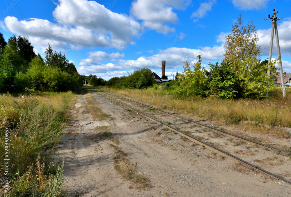 Railway track on the outskirts of the village on a summer day