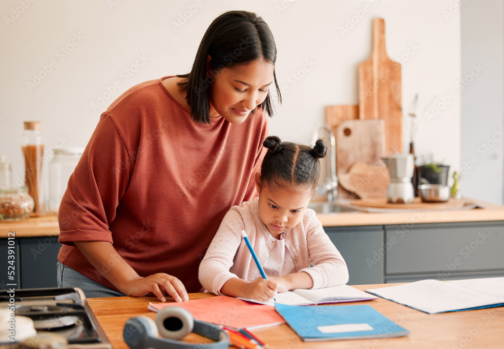 Mother teaching daughter, doing homework at kitchen table at home, bonding while learning together. Loving parent helping her child with a school project or task. Autistic child enjoying homeschool Mother teaching daughter, doing homework at kitchen table at home, bonding while learning together. Loving parent helping her child with a school project or task. Autistic child enjoying homeschool