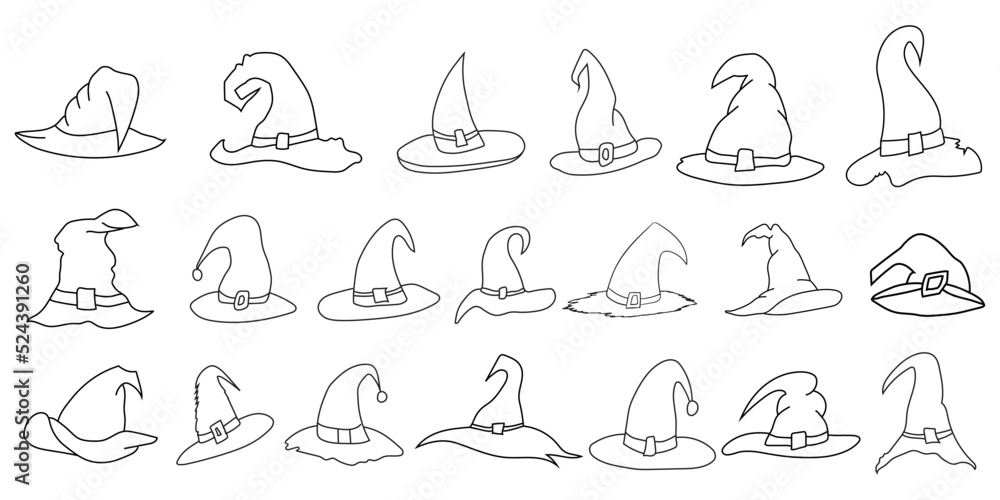 Set of halloween hat vector illustration. witch hat isolated on white. Halloween Hat Doodle art Collection, Halloween Elements Icon Sets.