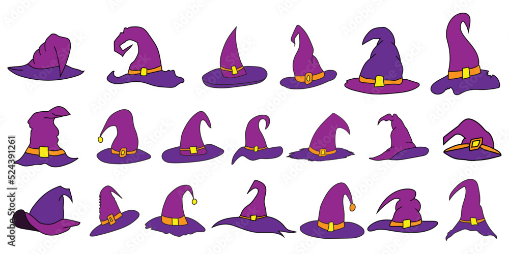 Set of halloween hat vector illustration. witch hat isolated on white. Halloween Hat Clipart Collection, Halloween Elements Icon Sets.