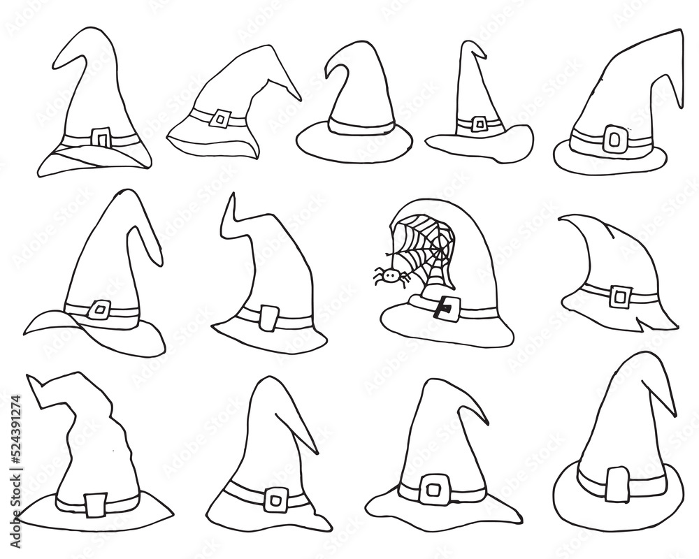 Set of halloween hat vector illustration. witch hat isolated on white. Halloween Hat Doodle art Collection, Halloween Elements Icon Sets. Set of halloween hat vector illustration. witch hat isolated on white. Halloween Hat Doodle art Collection, Halloween Elements Icon Sets.