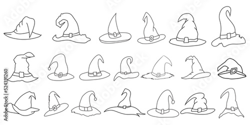 Set of halloween hat vector illustration. witch hat isolated on white. Halloween Hat Doodle art Collection, Halloween Elements Icon Sets.