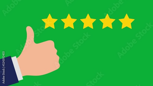 Customer review in five star product purchase with thumbs up and review sign on green background. Input. Motion graphics