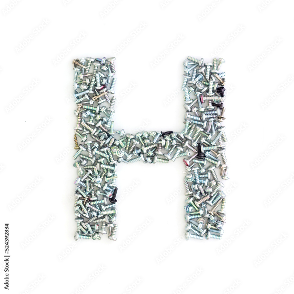 Capital letter H made from screws and bolts. Alphabet made from used screws. White background. Industrial bolt font Capital letter H made from screws and bolts. Alphabet made from used screws. White background. Industrial bolt font