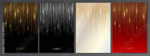 Gold and silver luxury covers. Fall of lines on the black, platinum and red background with glows of light. Premium brochure set for invitations, business, elegant events photo