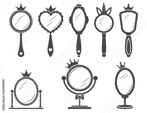 Vintage princess mirror in royal style on white background. Retro frames silhouette design with crowns. Vector set.