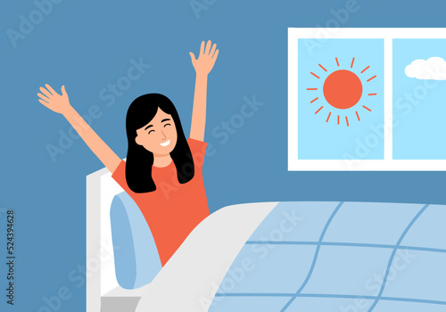 Smiling woman wake up in the morning in flat design. Happy girl has full relaxation sleep in bedroom and start new day with happiness.