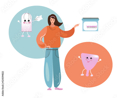 Feminine hygiene. Menstrual pants and reusable cloth pads is hygiene items for protection woman during menstrual cycle, zero waste, cartoon vector illustration in boho style.