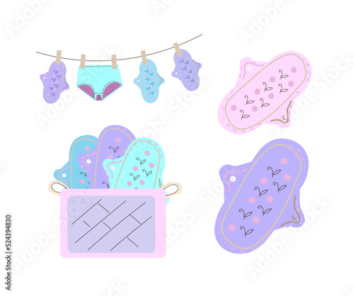 Feminine hygiene. Menstrual pants and reusable cloth pads is hygiene items for protection woman during menstrual cycle, zero waste, cartoon vector illustration in boho style.