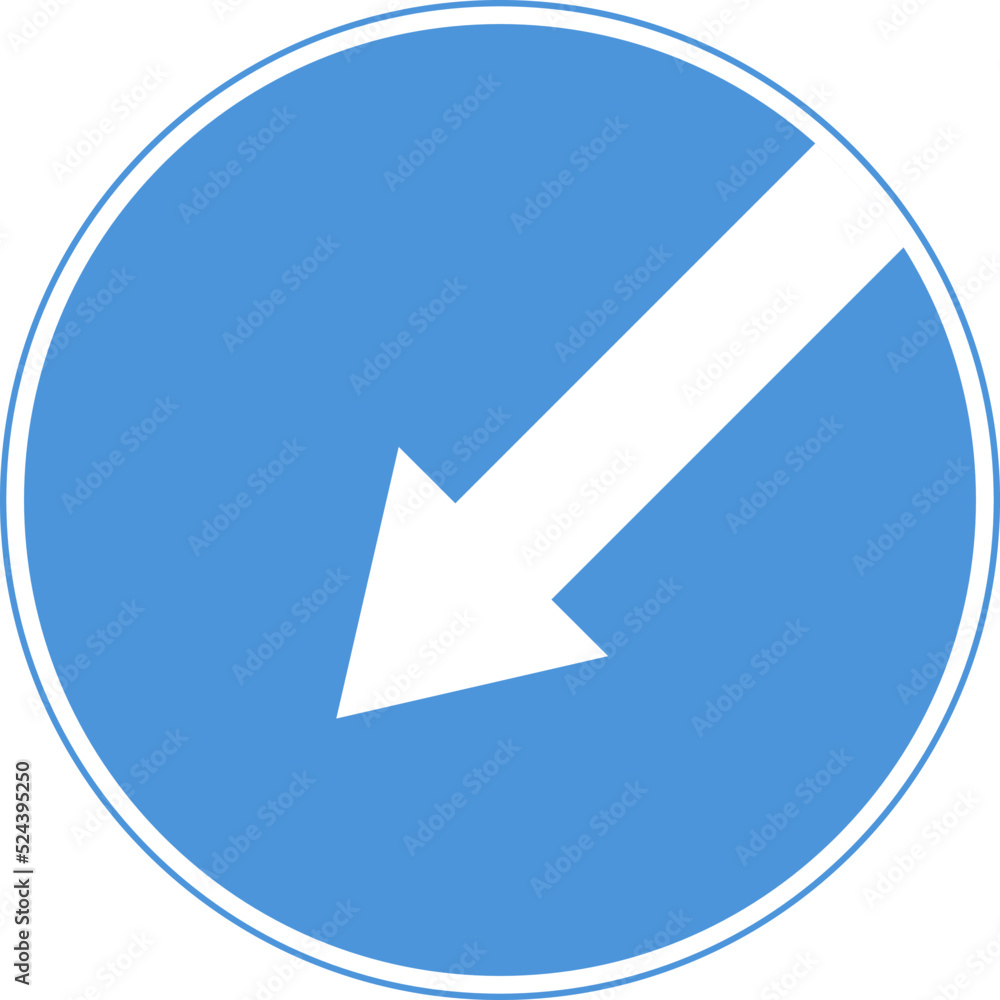 Sign detour obstacles on the left. Blue circle.