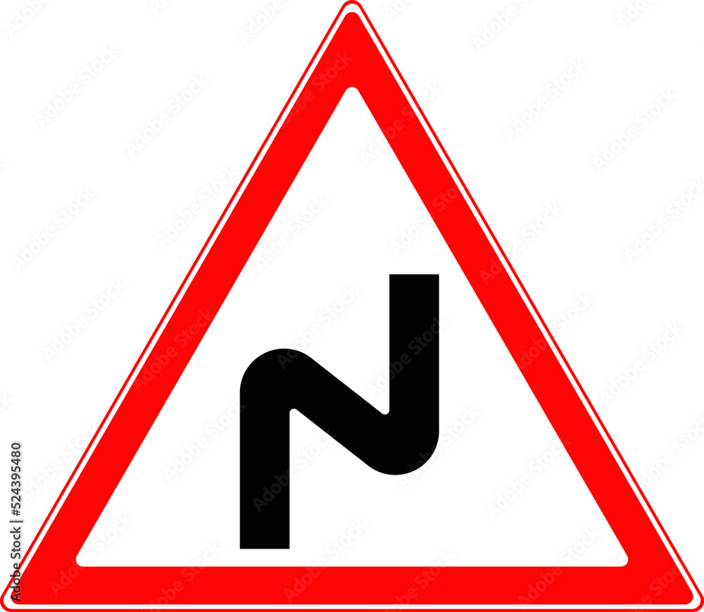 Triangular road sign, double right turn. Vector image. Triangular road sign, double right turn. Vector image.