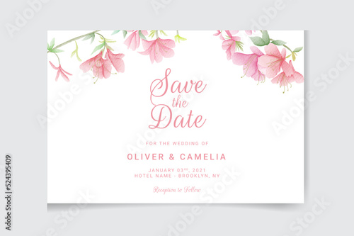 Floral wedding invitation template set with brown sakura flowers and leaves decoration. Botanic card design concept