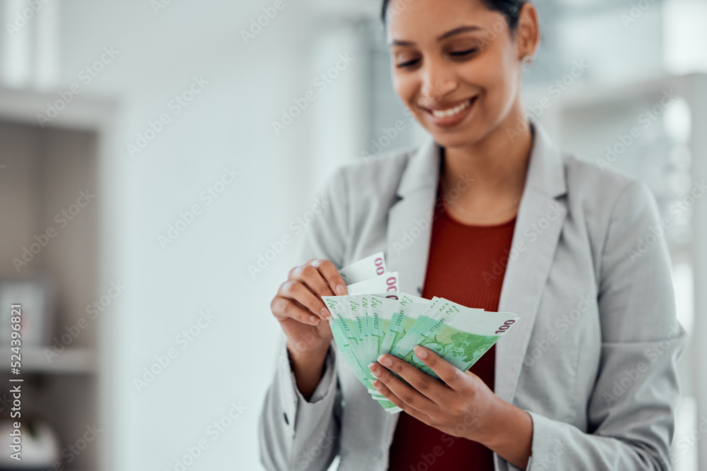 Financial growth, retirement saving and holding money notes by a young female with cash indoors. Bank notes showing growing investment, banking capital and finance budget of a happy woman accountant Financial growth, retirement saving and holding money notes by a young female with cash indoors. Bank notes showing growing investment, banking capital and finance budget of a happy woman accountant