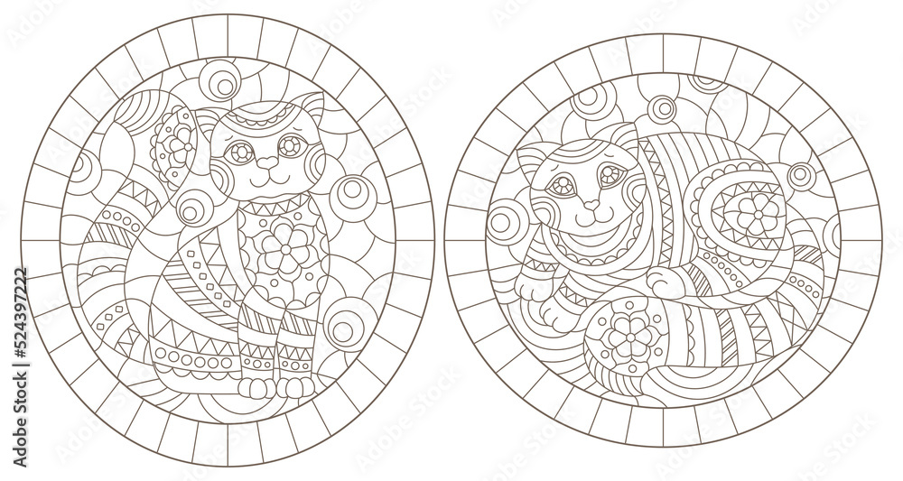 Obraz premium Set of contour illustrations of stained glass Windows with cute cartoon cats , dark contours on a white background