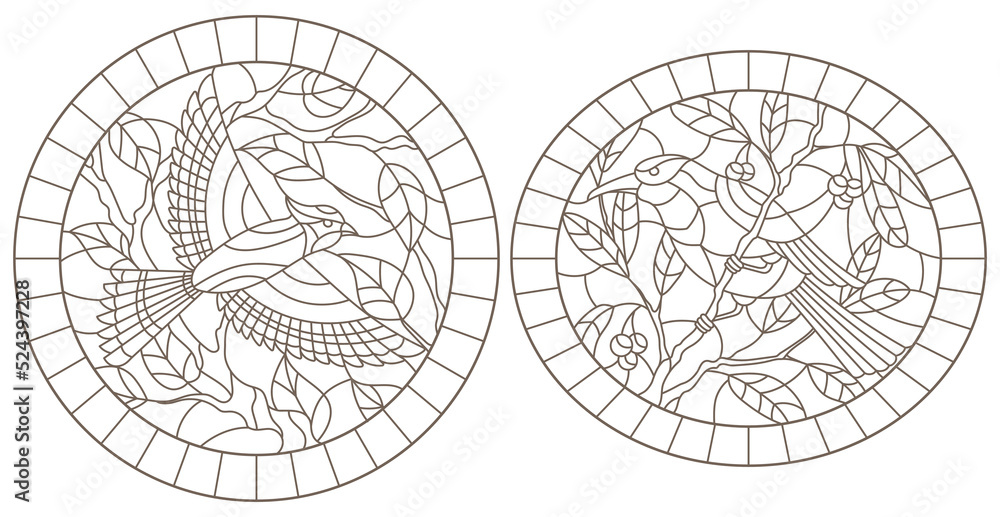 A set of contour illustrations of stained glass Windows with birds on the background of branches and leaves , dark contours on a white background