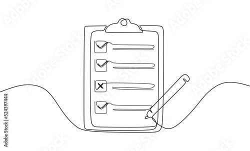 Clipboard with checklist and pen. Continuous line one drawing. Vector illustration. Simple line illustration.