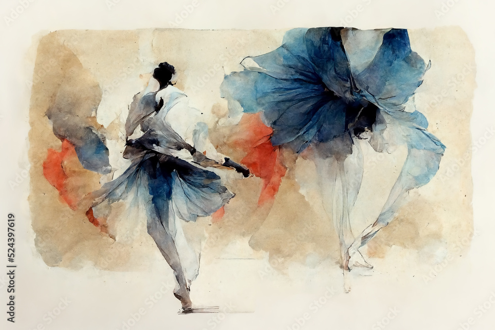 Beautiful ballerina performance in color harmony, watercolor illustration background. - obrazy, fototapety, plakaty 
