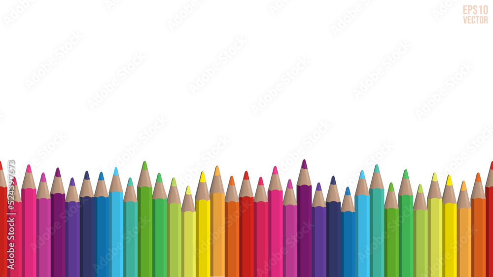 Colour pencils. Bright abstract background for creative design. Colored rows of pencils side by side at the bottom of the page. Seamlessly repeating pattern. Colour pencils. Bright abstract background for creative design. Colored rows of pencils side by side at the bottom of the page. Seamlessly repeating pattern.
