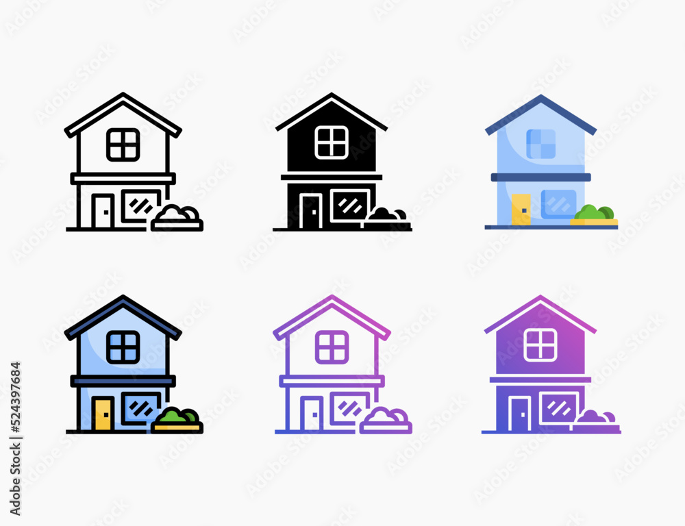 Home icon set with different styles. Style line, outline, flat, glyph, color, gradient. Can be used for digital product, presentation, print design and more. Home icon set with different styles. Style line, outline, flat, glyph, color, gradient. Can be used for digital product, presentation, print design and more.