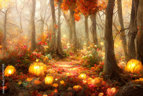 Fototapete Pumpkin forest in fall foliage, mysterious and beautiful illustration