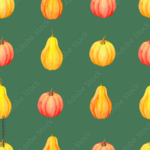 Seamless pattern watercolor autumn pumpkins on a green background