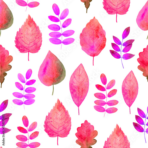 Seamless pattern pink purple leaves on a white background