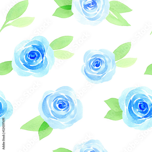 Seamless pattern watercolor blue roses on white background