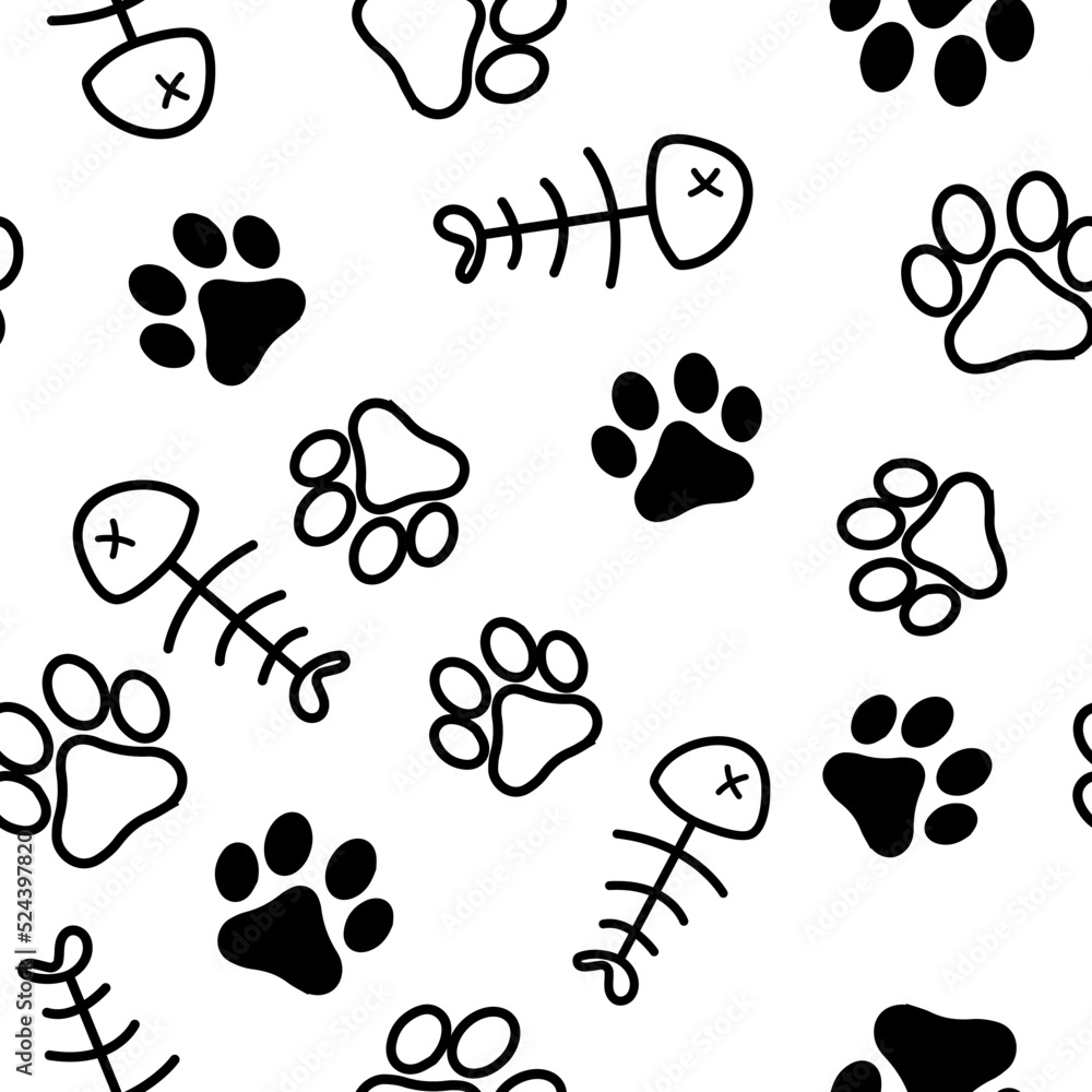 Fototapeta premium seamless pattern black and white paw prints and fish skeleton, cats and dogs