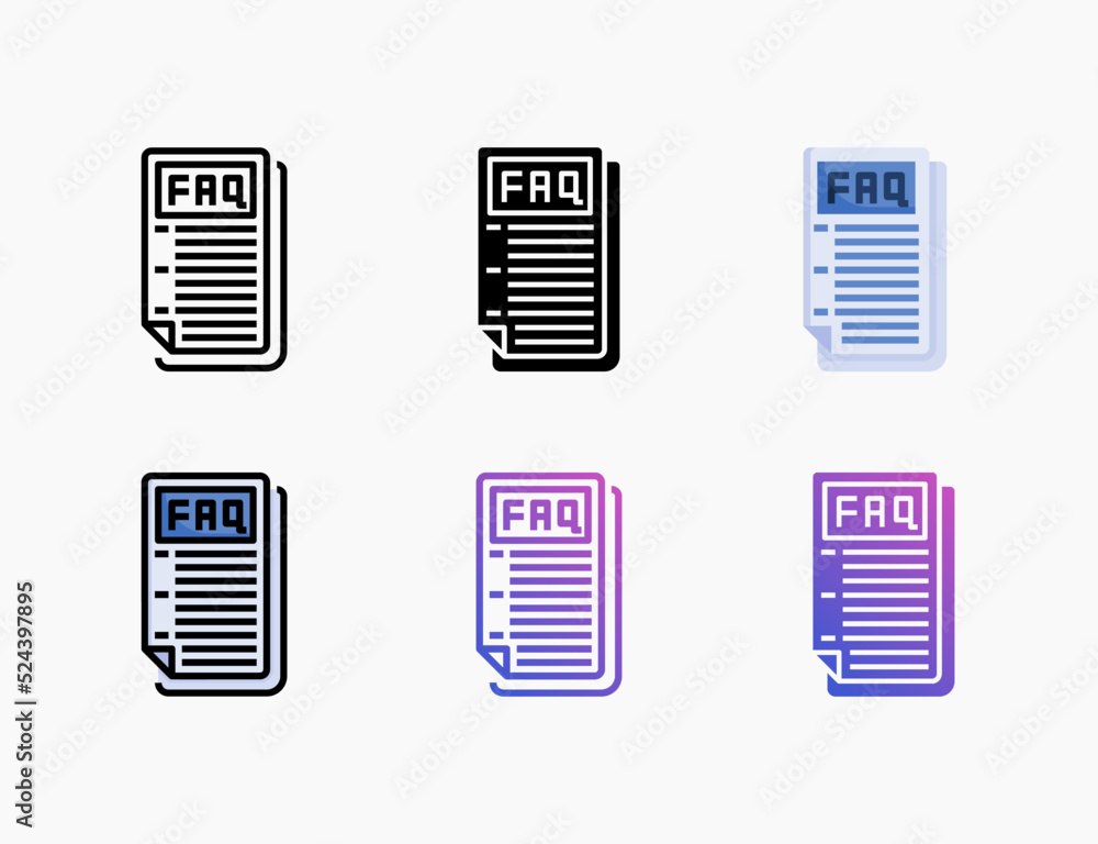 Faq icon set with different styles. Style line, outline, flat, glyph, color, gradient. Can be used for digital product, presentation, print design and more. Faq icon set with different styles. Style line, outline, flat, glyph, color, gradient. Can be used for digital product, presentation, print design and more.