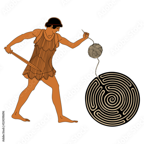 Ancient Greek hero with a round spiral maze or labyrinth symbol and a yarn ball. Theseus. Ariadne thread. Creative mythological concept. Isolated vector illustration.