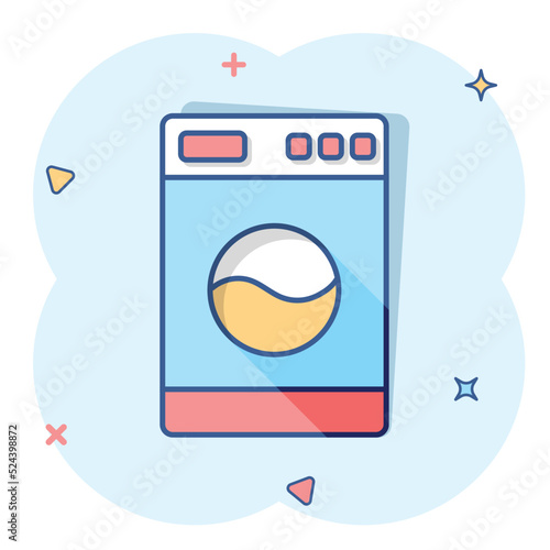 Vector cartoon washer icon in comic style. Laundress sign illustration pictogram. Washing machine business splash effect concept.