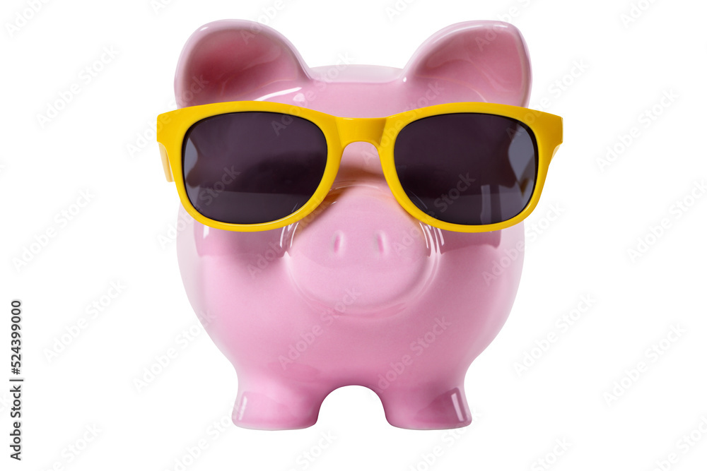 Piggy bank wearing sunglasses holiday vacation saving concept isolated transparent background photo PNG file Piggy bank wearing sunglasses holiday vacation saving concept isolated transparent background photo PNG file