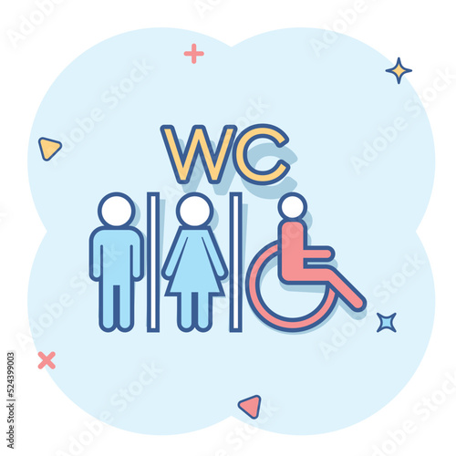 Vector cartoon WC, toilet icon in comic style. Men and women restroom sign illustration pictogram. WC business splash effect concept.