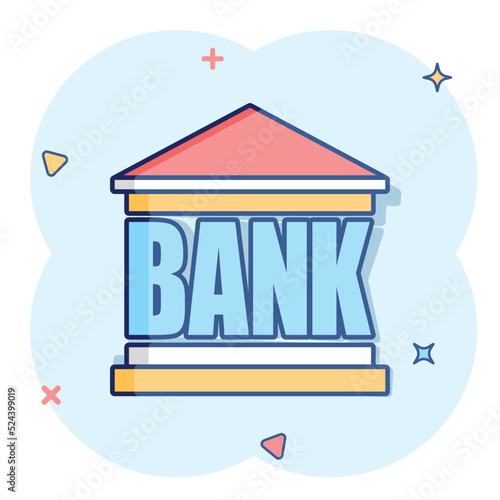 Vector cartoon bank building icon in comic style. Bank sign illustration pictogram. Building business splash effect concept.