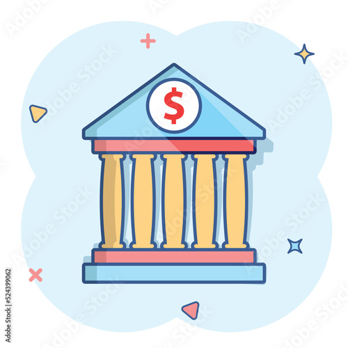 Vector cartoon bank building with dollar sign icon in comic style. Bank sign illustration pictogram. Building business splash effect concept.