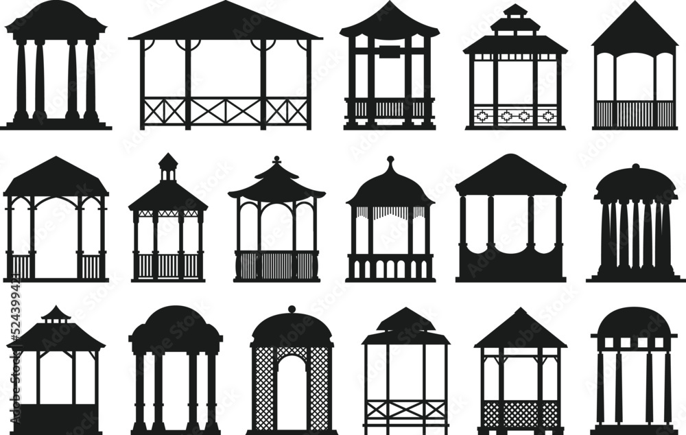 Gazebo pergola cartoon garden bower gazebo pergola set isolated Vector Silhouettes