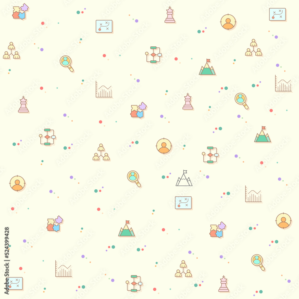 Vector pattern on the theme of strategy, goals, success, logic, graphs, reports, business, growth, targets and more. simple color icons on beige background.