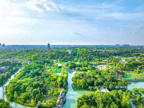 Aerial view Yangzhou Slender West Lake Yangzhou Slender West Lake scenic spot and Daming Temple, Jiangsu province, China