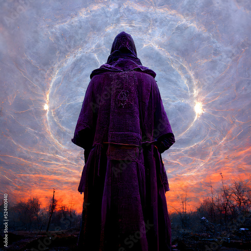 Photography Magician in purple cloak opening portal in the sky