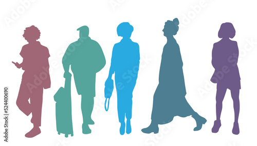 Vector silhouettes men and women standing  different poses  business  people  group  multicolor  isolated on white background