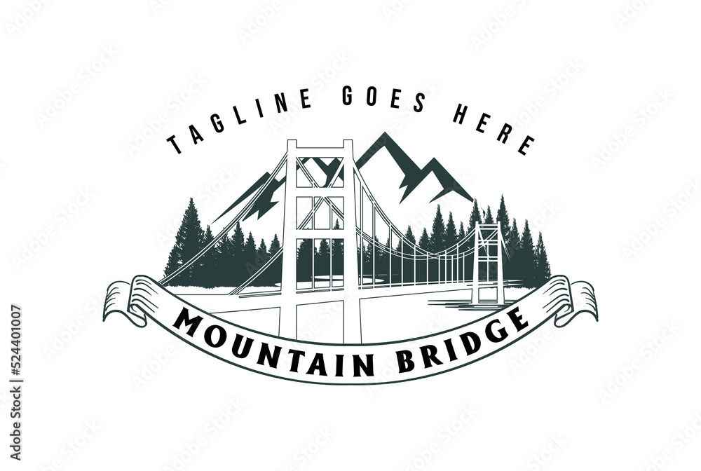 Vintage Retro Pine Spruce Fir Forest and Creek River Lake with Bridge Trestle Logo Design