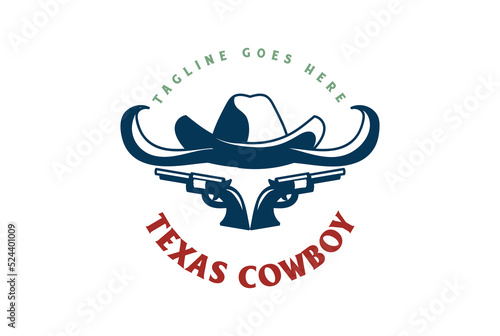 Texas Cowboy Hat with Longhorn Bull and Guns Badge Emblem Logo Design