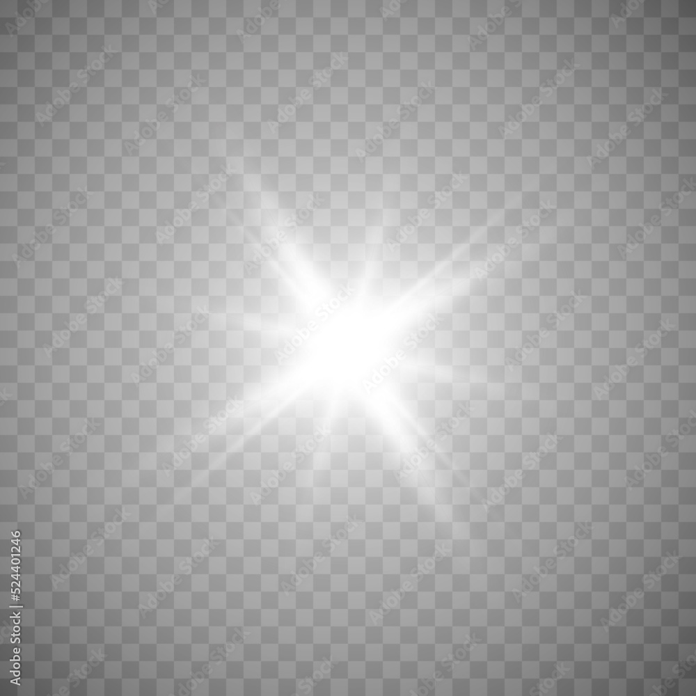 Collection of various glowing stars.A set of glare from a sunbeam. Flashes of light. The effect of glow, sparks, radiance, shine. Vector illustration on a transparent background.