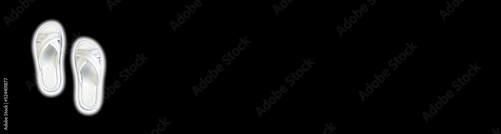 Women's summer white slippers on a black background. Slippers. Horizontal image. Banner for insertion into site. Place for text cope space.