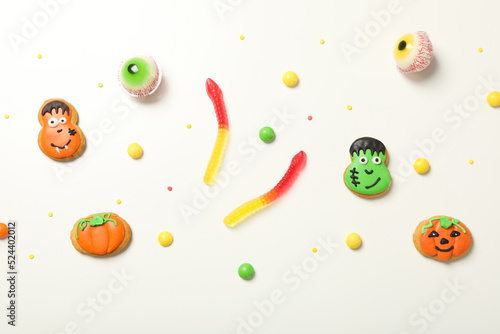 Fototapeta Naklejka Na Ścianę i Meble -  Concept of Halloween sweets, funny sweets, top view