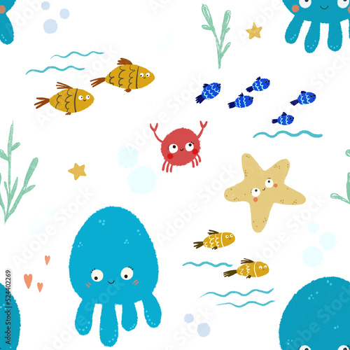 Fototapeta Naklejka Na Ścianę i Meble -  cute childish illustration with blue jellyfish, fishes, bubbles, star. Underwater endless pattern, childish art