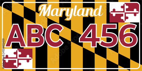 Vehicle license plates marking in Maryland in United States of America, Car plates. Vehicle license numbers of different American states. Vintage print for tee shirt graphics,sticker and poster