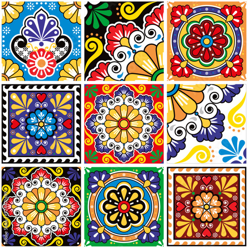 Mexican talavera style tile vector seamless pattern collection, decorative tiles with flowers, swirls in vibrant colors inspired by folk art from Mexico
