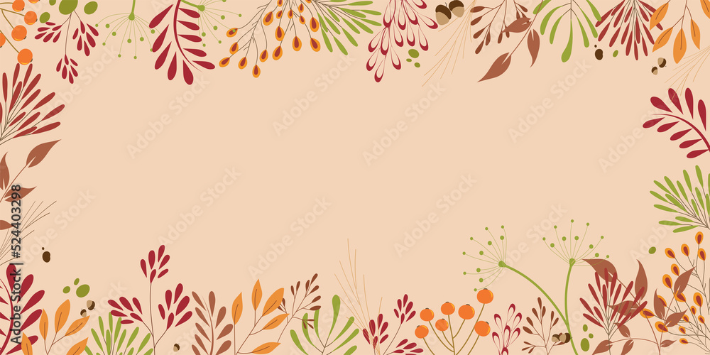 Horizontal Autumn background with different flower and botanical leaves. copy space. - obrazy, fototapety, plakaty 